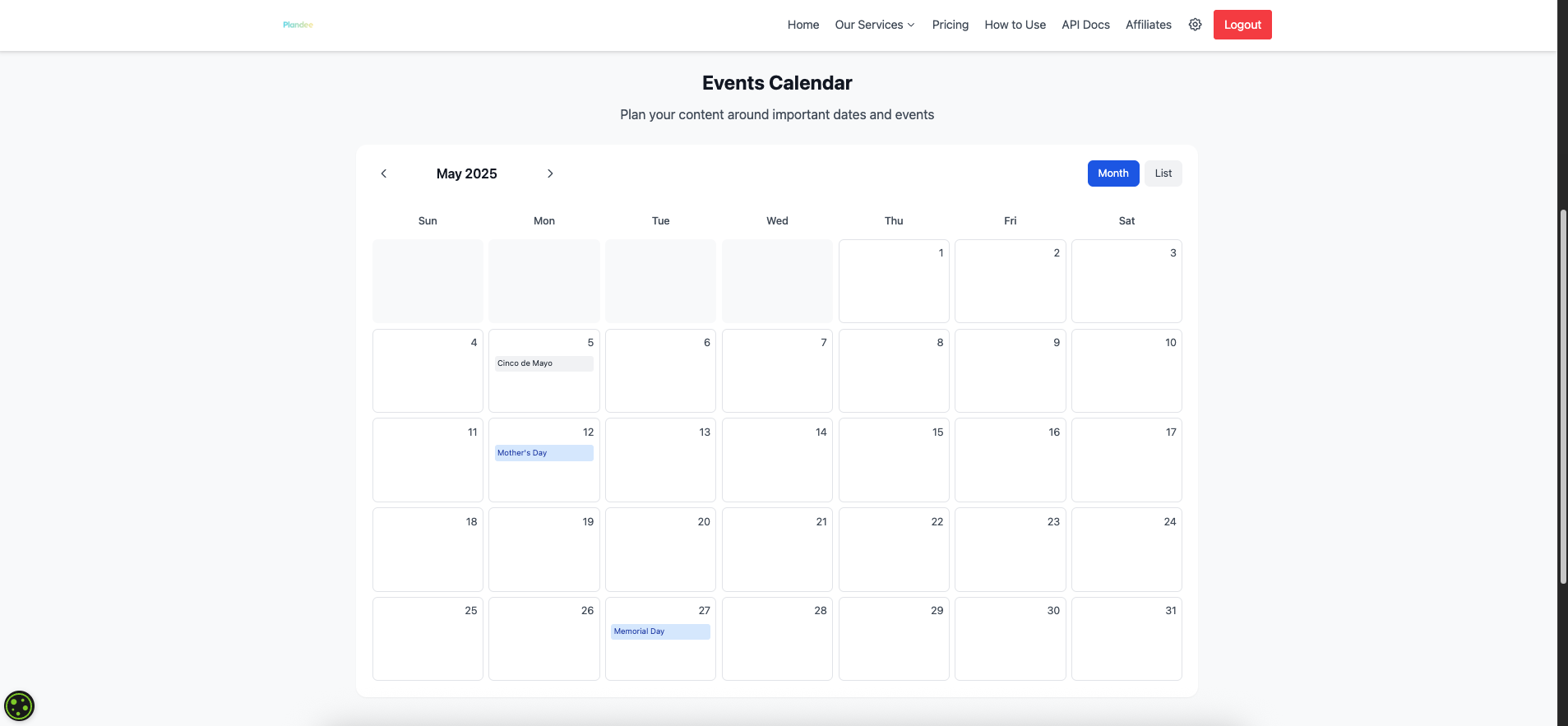 Events Calendar Interface